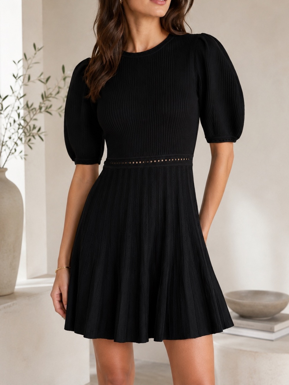 Jonathan Simkhai Black Ribbed Puff Sleeve Knit Mini Dress